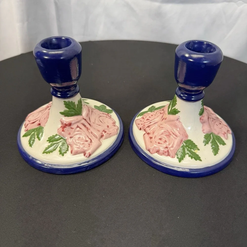 Vtg 1970s Hand Painted Folk Art Pottery Candle Stick Holders Pair‎ of 2